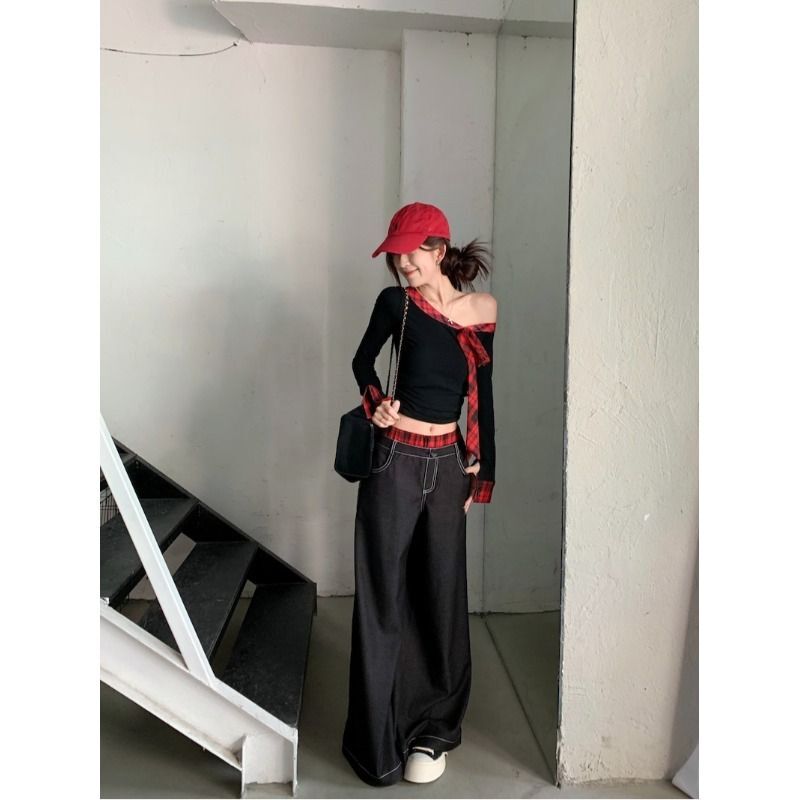 MR 40支人棉 辣妹纯欲性感露斜肩蝴蝶结系带长袖t恤打底