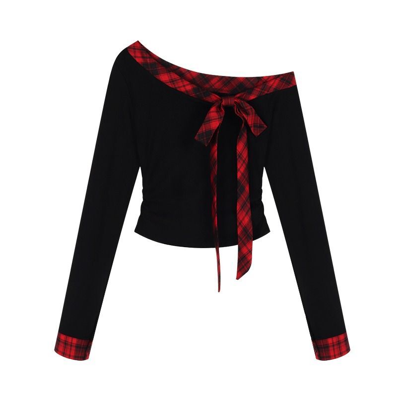 MR 40支人棉 辣妹纯欲性感露斜肩蝴蝶结系带长袖t恤打底