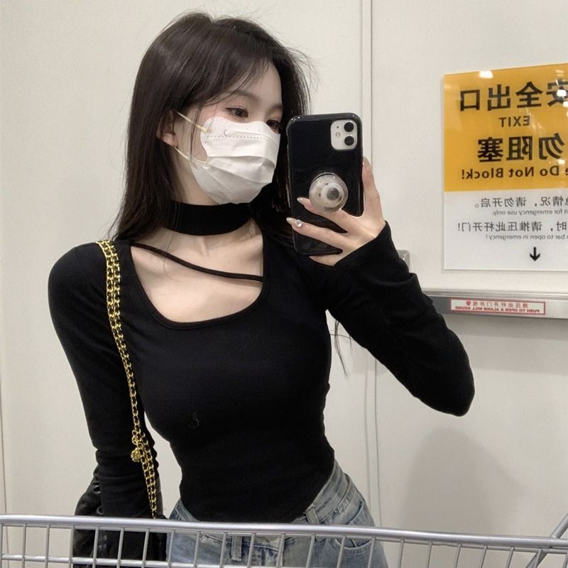 MR【螺纹德绒】秋冬内搭打底衫上衣设计感挂脖半高领修身短款t