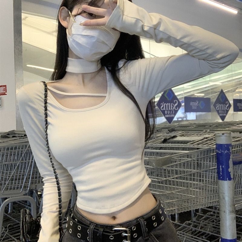 MR【螺纹德绒】秋冬内搭打底衫上衣设计感挂脖半高领修身短款t