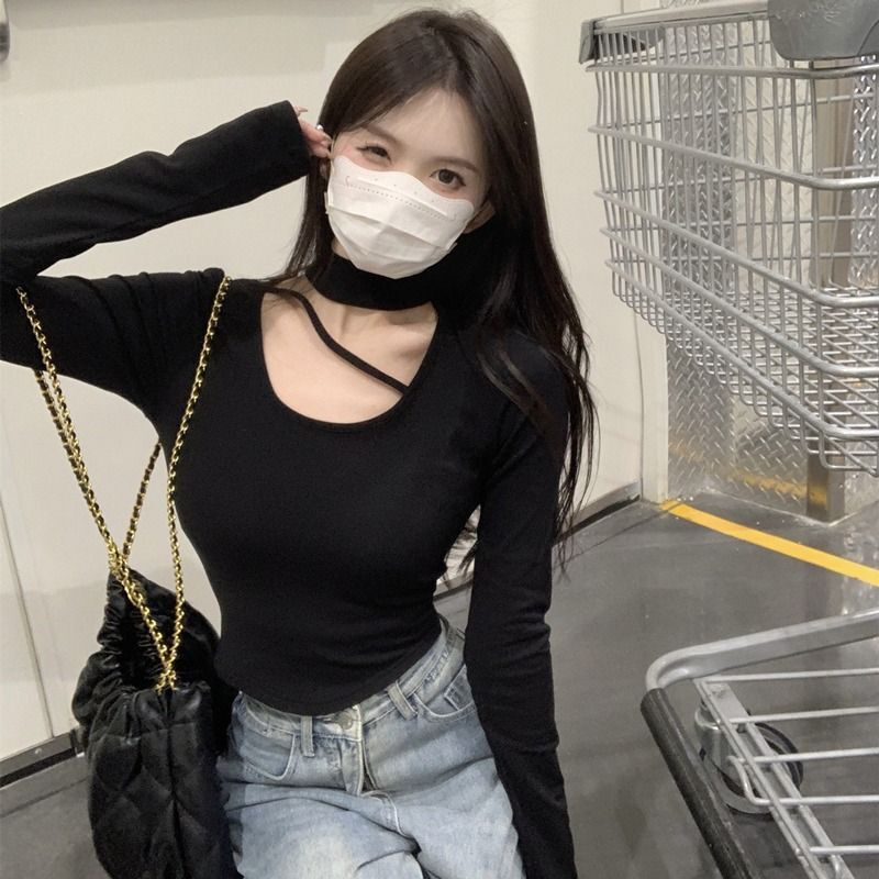 MR【螺纹德绒】秋冬内搭打底衫上衣设计感挂脖半高领修身短款t