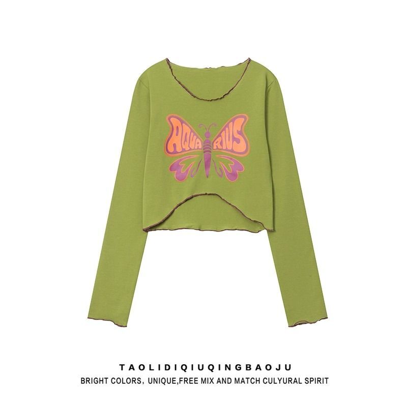 美式正肩蝴蝶印花长袖T恤女早秋辣妹纯欲风显瘦修身露脐短款上衣