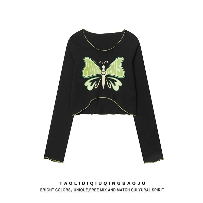 美式正肩蝴蝶印花长袖T恤女早秋辣妹纯欲风显瘦修身露脐短款上衣