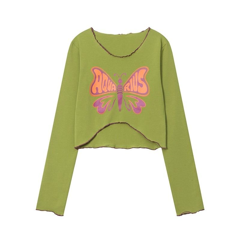 美式正肩蝴蝶印花长袖T恤女早秋辣妹纯欲风显瘦修身露脐短款上衣