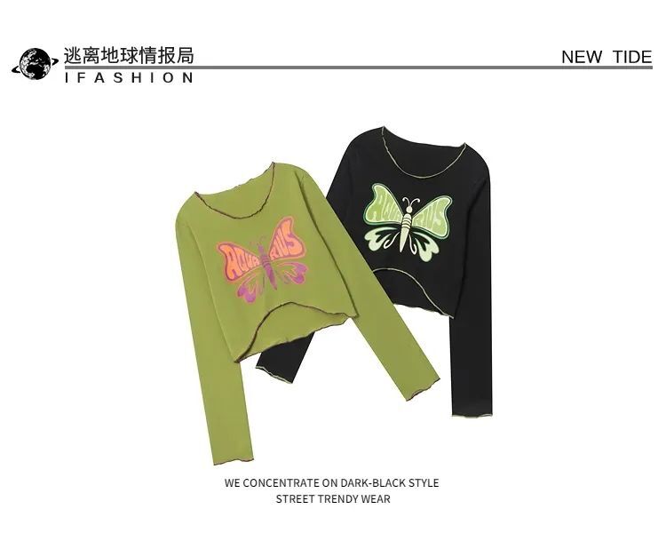 美式正肩蝴蝶印花长袖T恤女早秋辣妹纯欲风显瘦修身露脐短款上衣