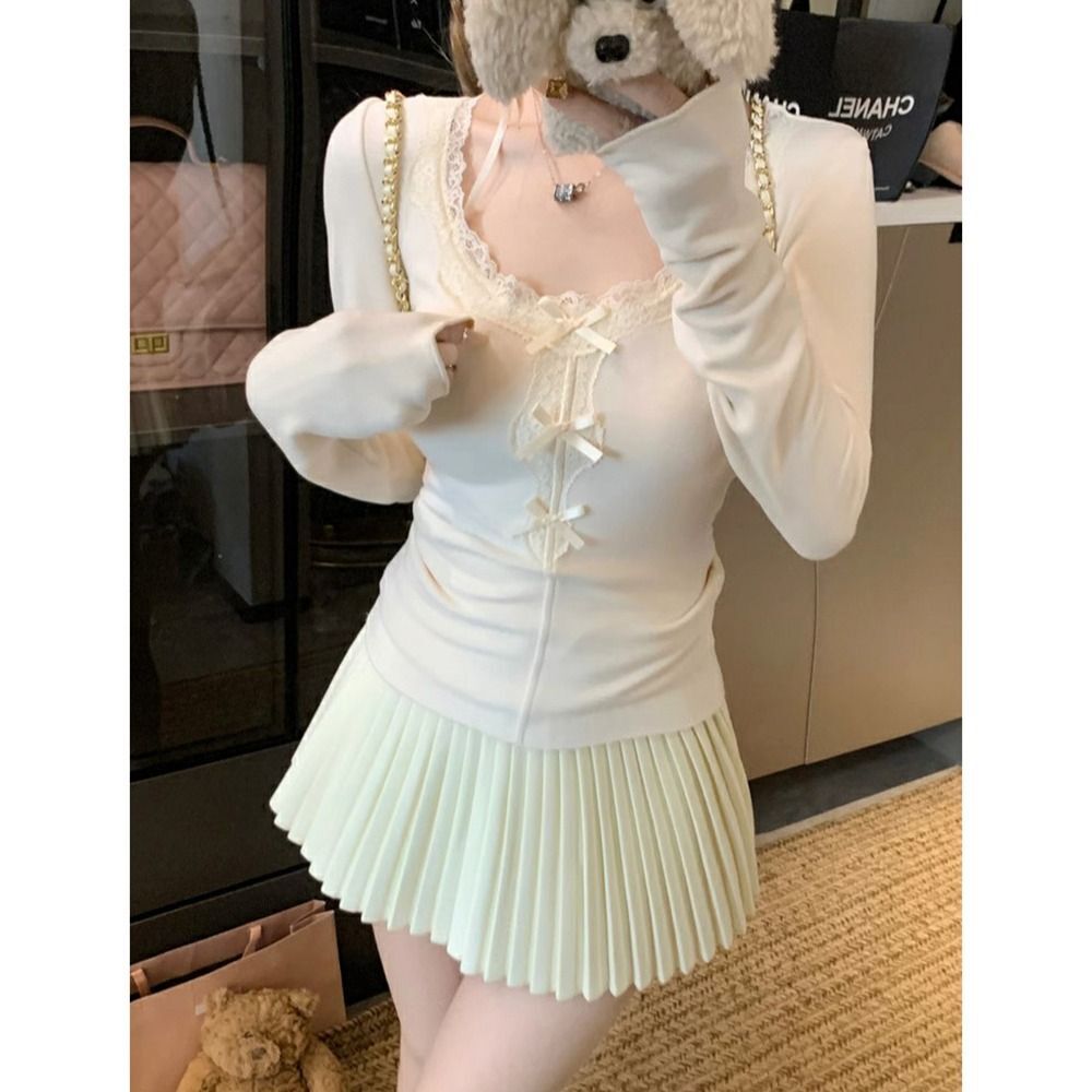 MR【螺纹德绒】甜美蝴蝶结蕾丝拼接U领长袖T恤修身显瘦打底上