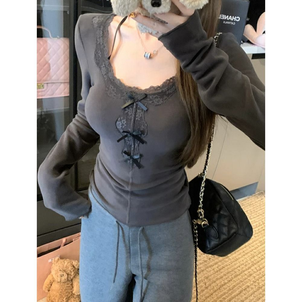 MR【螺纹德绒】甜美蝴蝶结蕾丝拼接U领长袖T恤修身显瘦打底上