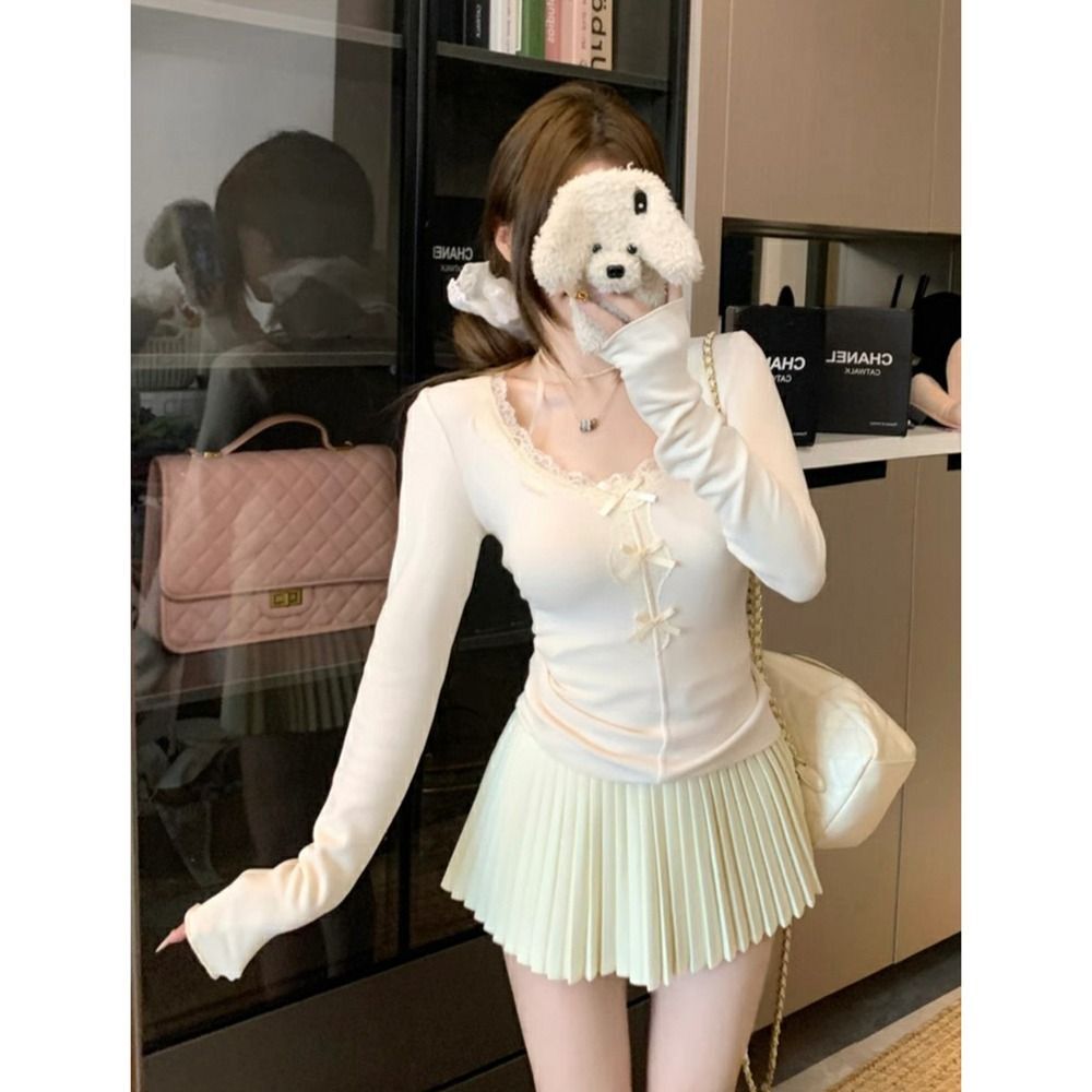 MR【螺纹德绒】甜美蝴蝶结蕾丝拼接U领长袖T恤修身显瘦打底上