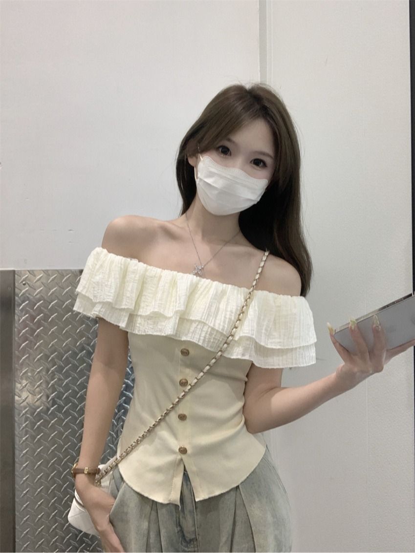 MR 已出货 设计感小众收腰短上衣女装法式荷叶边一字肩短袖