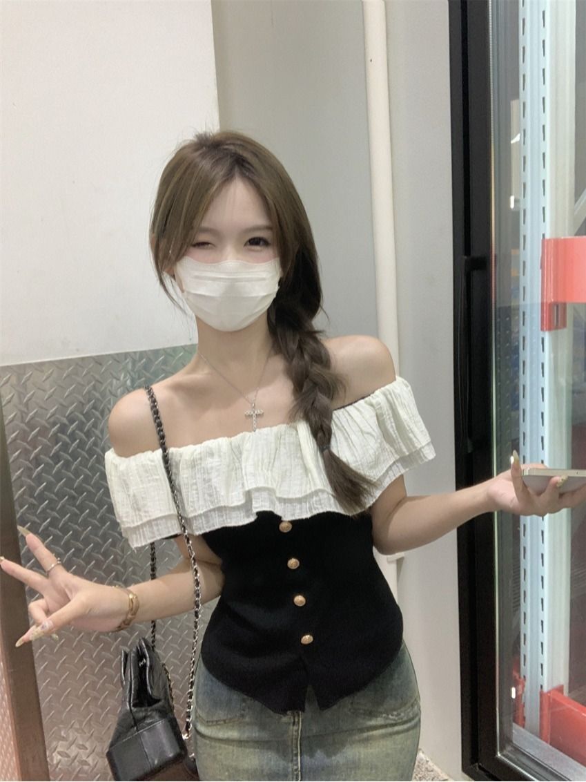 MR 已出货 设计感小众收腰短上衣女装法式荷叶边一字肩短袖