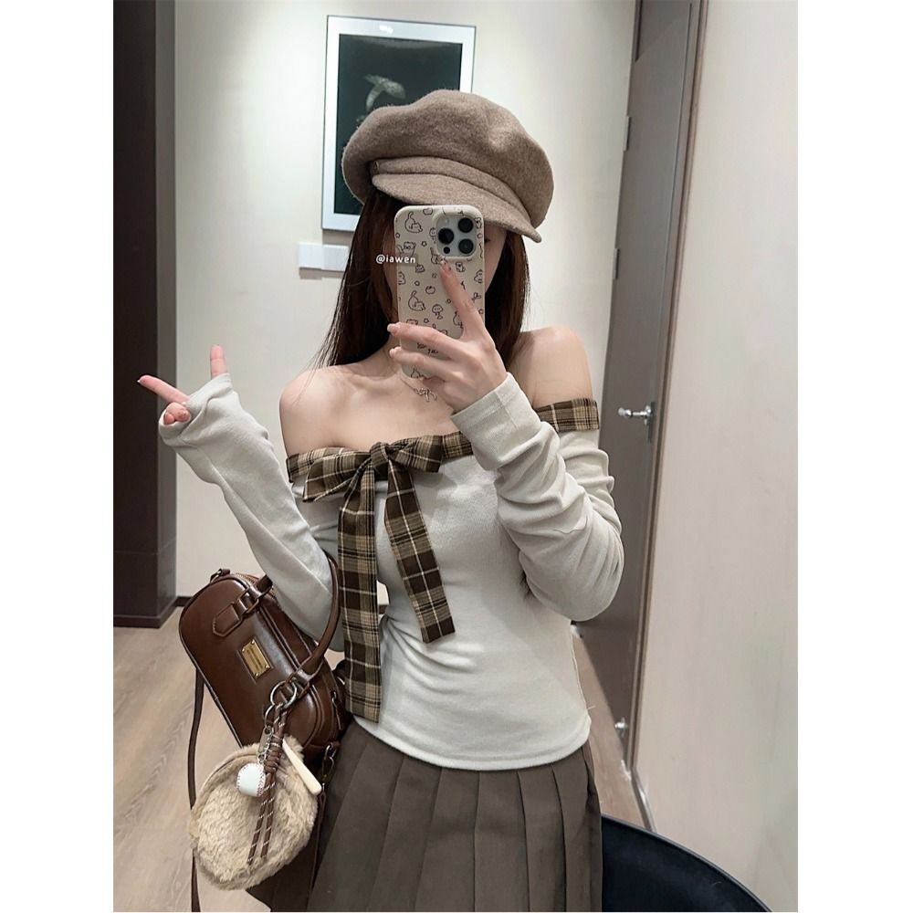 MR【原版做法】甜辣妹格纹拼接一字肩T恤女减龄蝴蝶结修身内搭