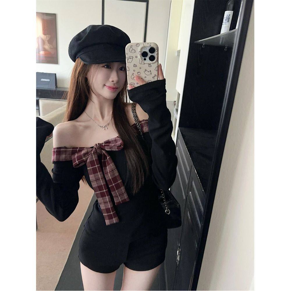 MR【原版做法】甜辣妹格纹拼接一字肩T恤女减龄蝴蝶结修身内搭