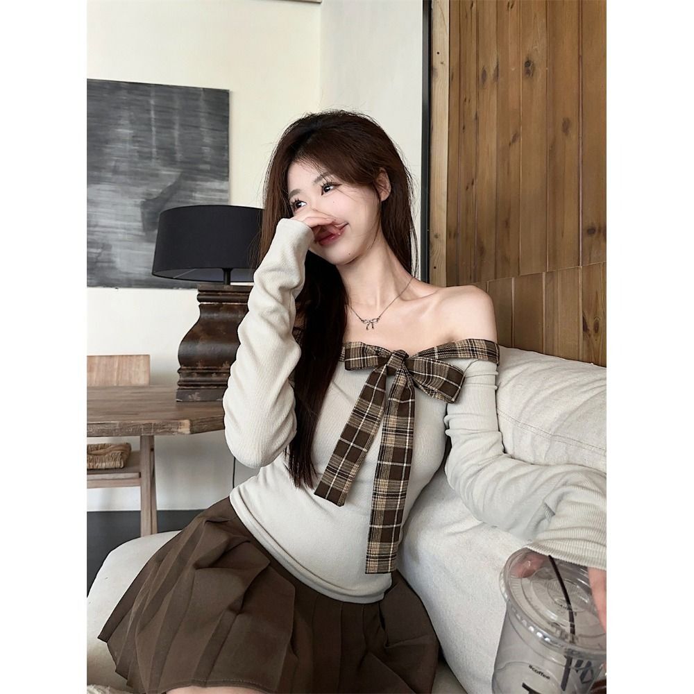 MR【原版做法】甜辣妹格纹拼接一字肩T恤女减龄蝴蝶结修身内搭