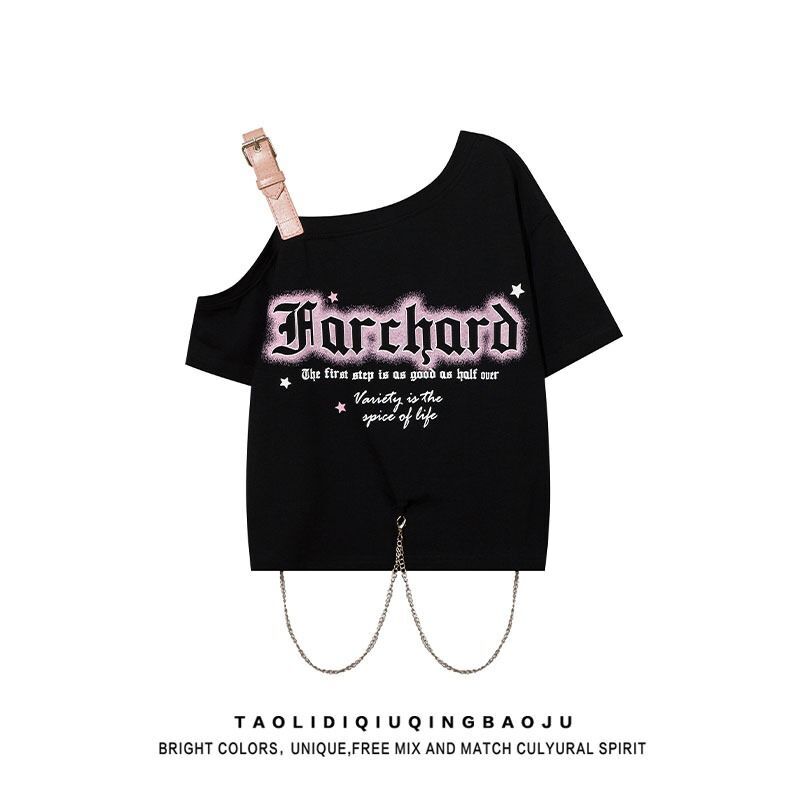 MR 原版做法 美式星星字母印花短袖女甜酷风辣妹露肩链条