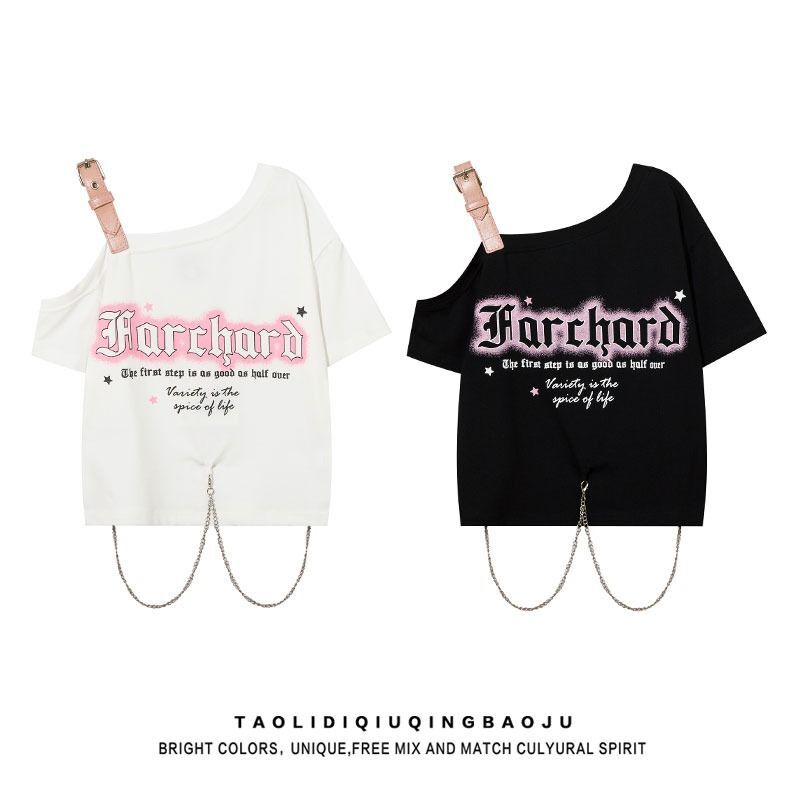 MR 原版做法 美式星星字母印花短袖女甜酷风辣妹露肩链条