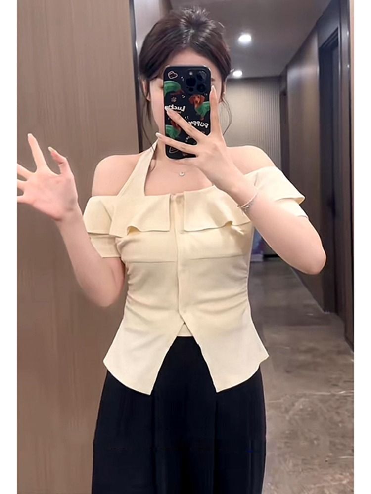 MR 原版做法 夏日多巴胺大码显瘦假两件上衣女一字肩挂脖小