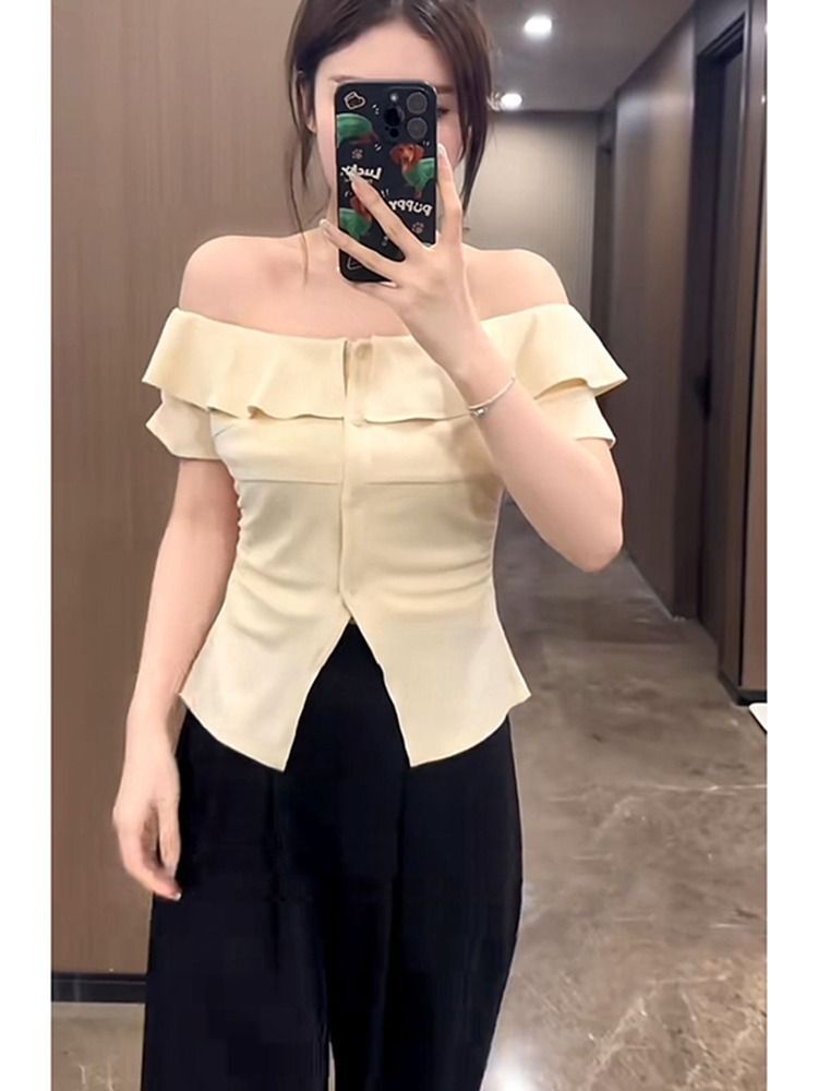 MR 原版做法 夏日多巴胺大码显瘦假两件上衣女一字肩挂脖小