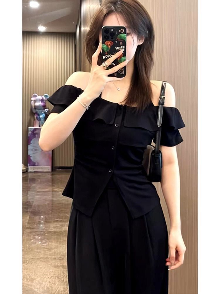 MR 原版做法 夏日多巴胺大码显瘦假两件上衣女一字肩挂脖小