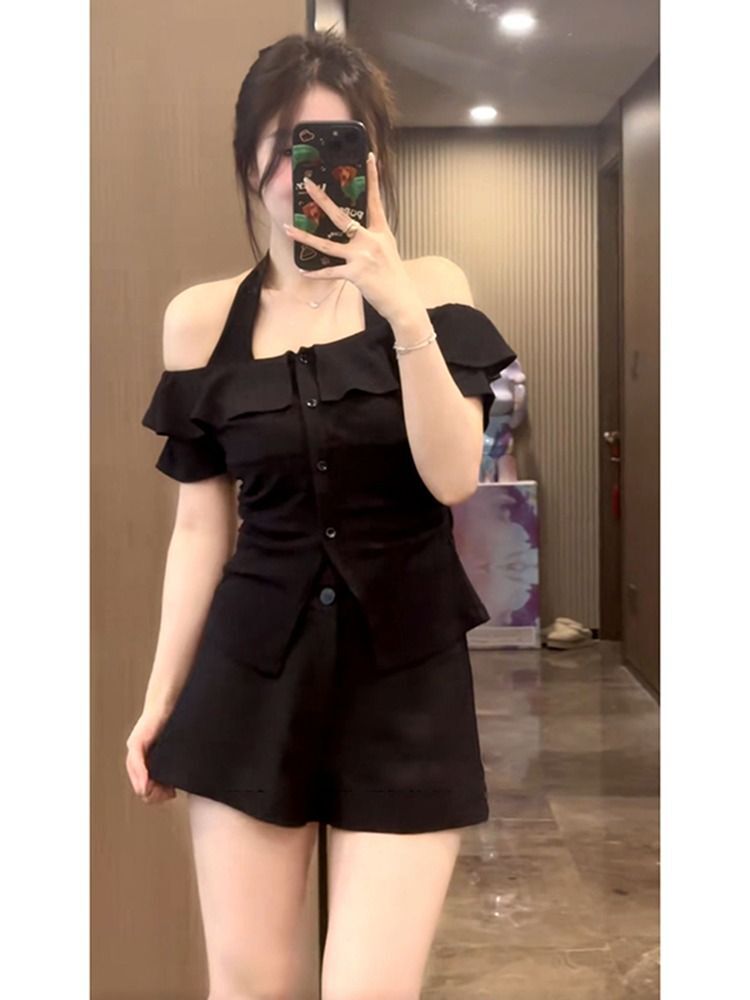 MR 原版做法 夏日多巴胺大码显瘦假两件上衣女一字肩挂脖小