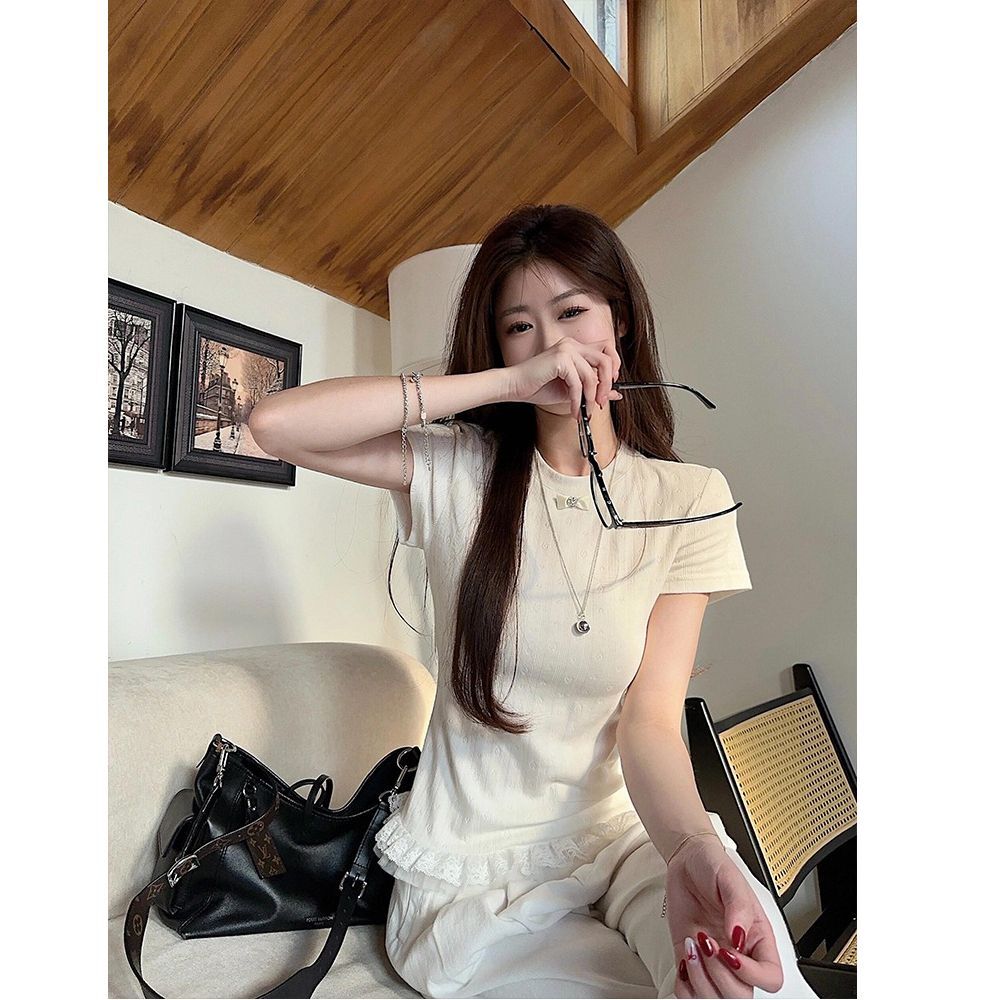MR【纯棉 提花】韩系甜美蕾丝花边拼接短袖T恤女修身显瘦温柔