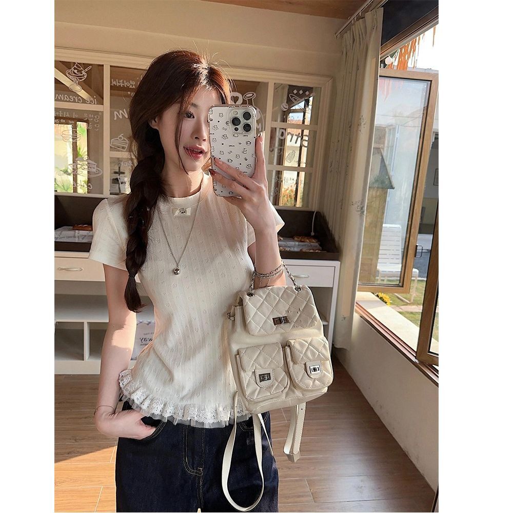 MR【纯棉 提花】韩系甜美蕾丝花边拼接短袖T恤女修身显瘦温柔