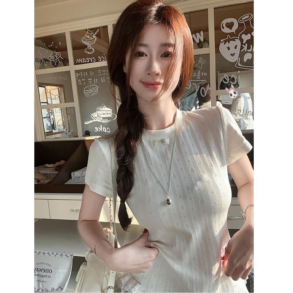 MR【纯棉 提花】韩系甜美蕾丝花边拼接短袖T恤女修身显瘦温柔