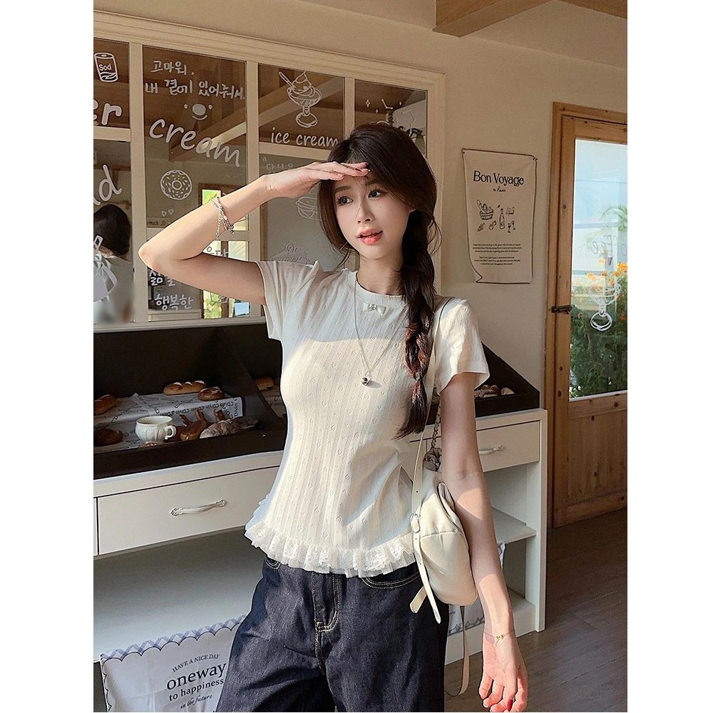 MR【纯棉 提花】韩系甜美蕾丝花边拼接短袖T恤女修身显瘦温柔