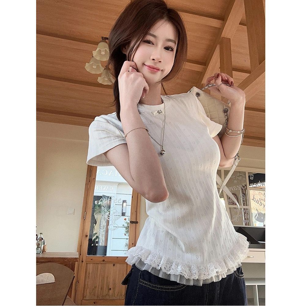 MR【纯棉 提花】韩系甜美蕾丝花边拼接短袖T恤女修身显瘦温柔