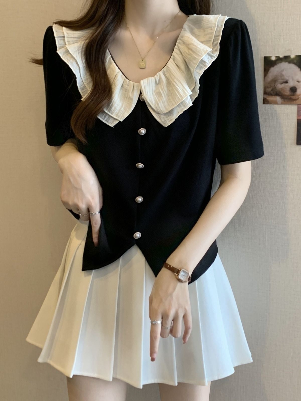 MR 原版做法 大码法式荷叶边正肩短袖衬衫女夏季显瘦遮肉小衫