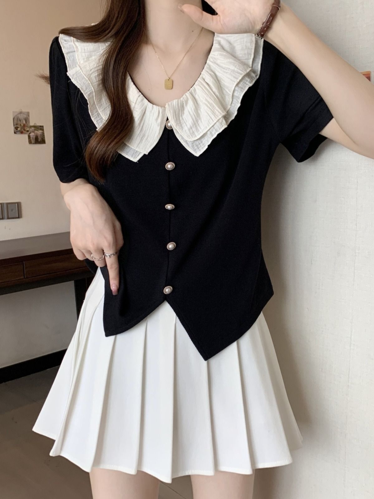 MR 原版做法 大码法式荷叶边正肩短袖衬衫女夏季显瘦遮肉小衫