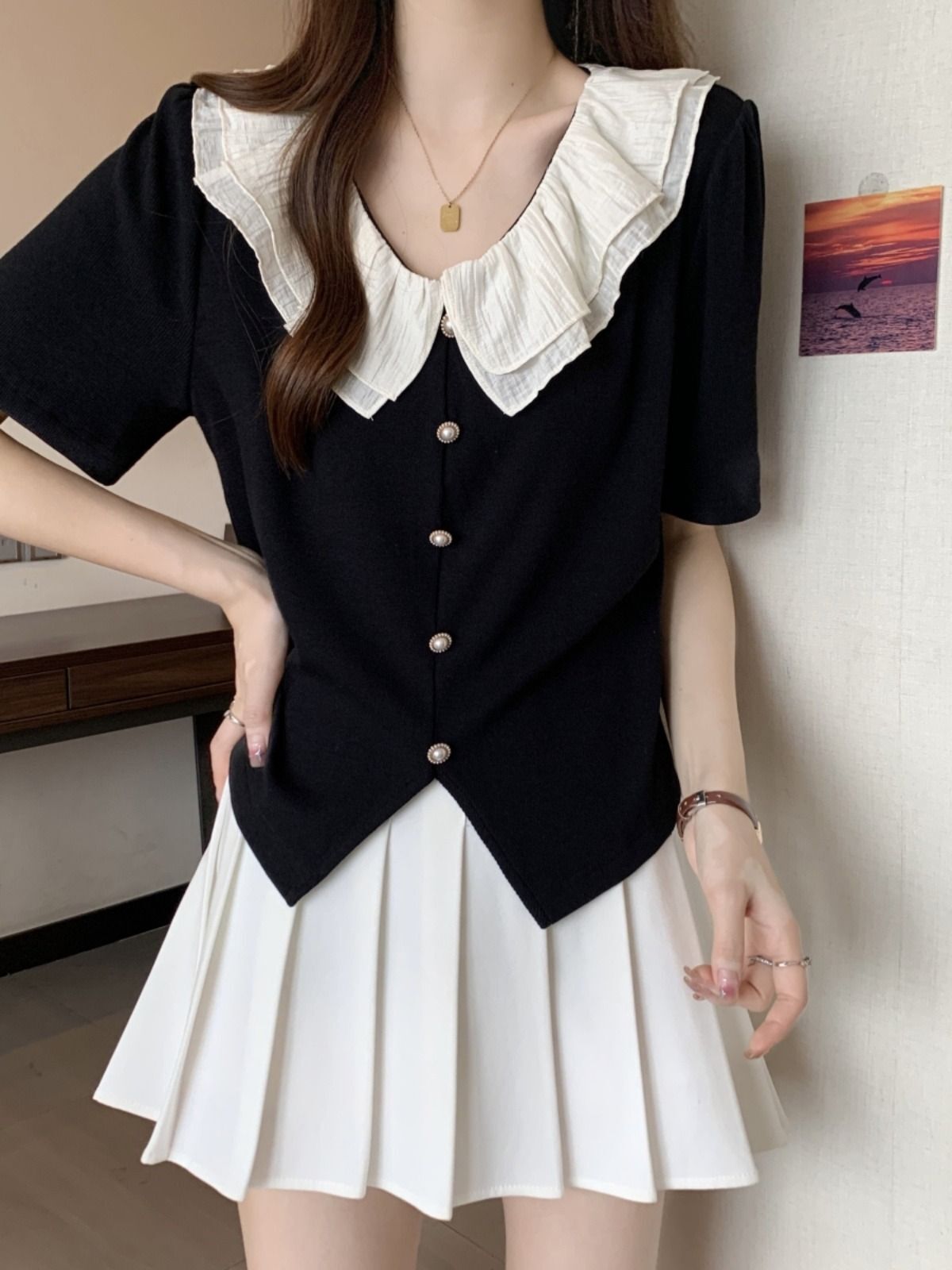 MR 原版做法 大码法式荷叶边正肩短袖衬衫女夏季显瘦遮肉小衫