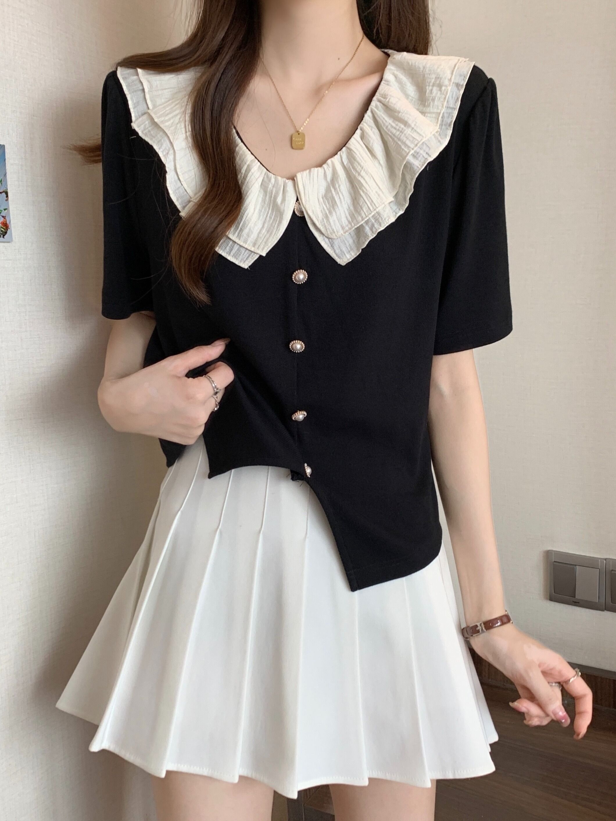 MR 原版做法 大码法式荷叶边正肩短袖衬衫女夏季显瘦遮肉小衫