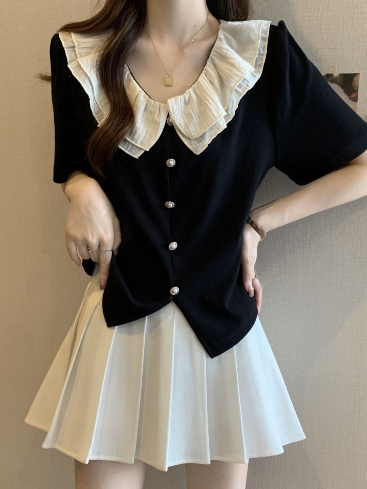 MR 原版做法 大码法式荷叶边正肩短袖衬衫女夏季显瘦遮肉小衫