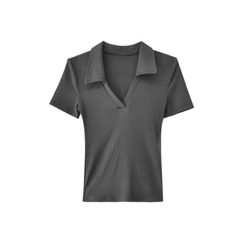 现货# 博主辣妹修身V领显瘦polo衫女复古性感长袖打底针织