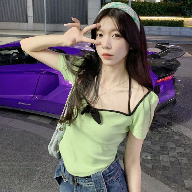 纯欲甜辣蝴蝶结方领短袖T恤女夏季设计感小众短款上衣潮