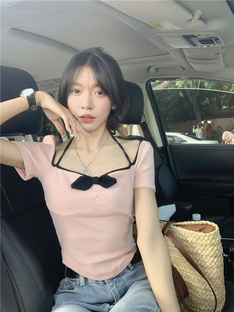 纯欲甜辣蝴蝶结方领短袖T恤女夏季设计感小众短款上衣潮