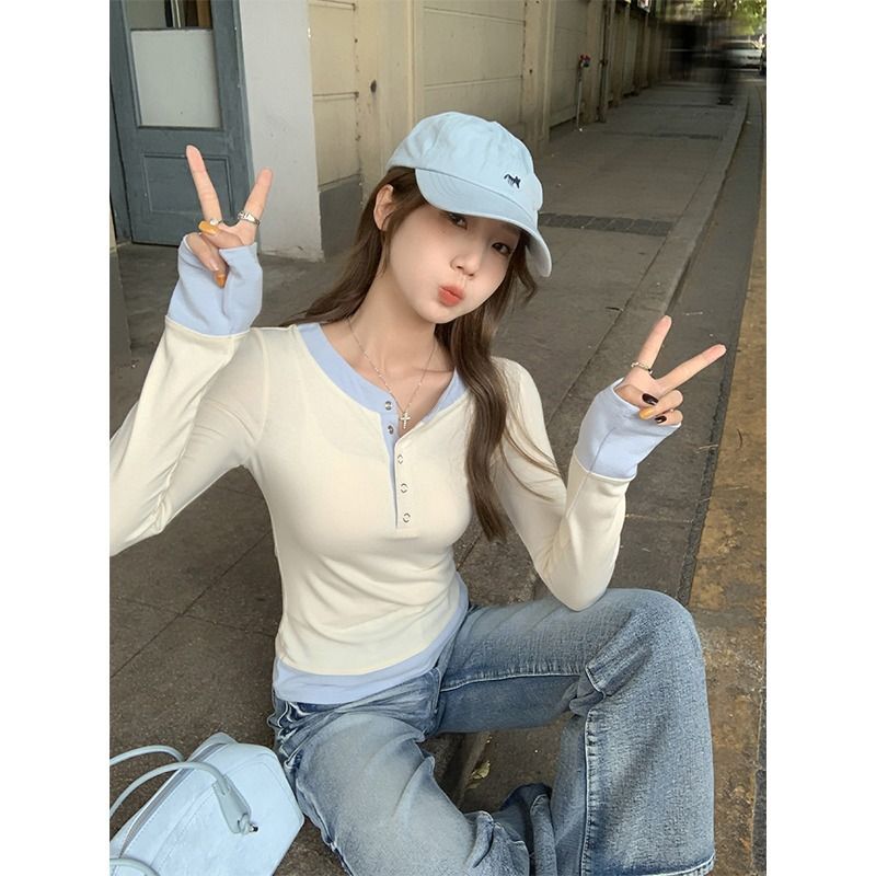 MR【随心裁】温柔风假两件拼接长袖T恤女春秋小个子修身显瘦上