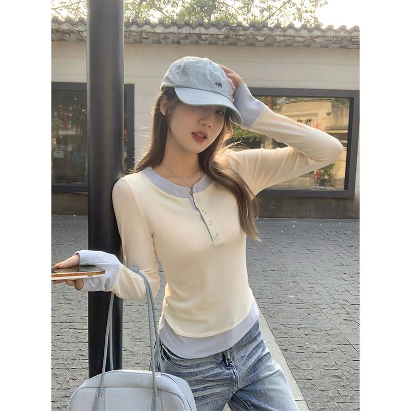 MR【随心裁】温柔风假两件拼接长袖T恤女春秋小个子修身显瘦上