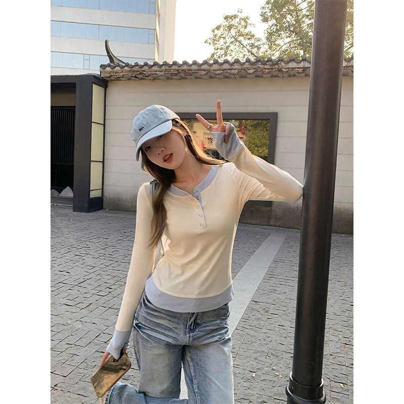 MR【随心裁】温柔风假两件拼接长袖T恤女春秋小个子修身显瘦上