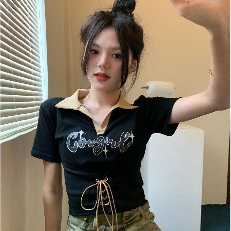 【实价】正肩短袖T恤女夏季新款设计感小众polo衫短款甜辣妹