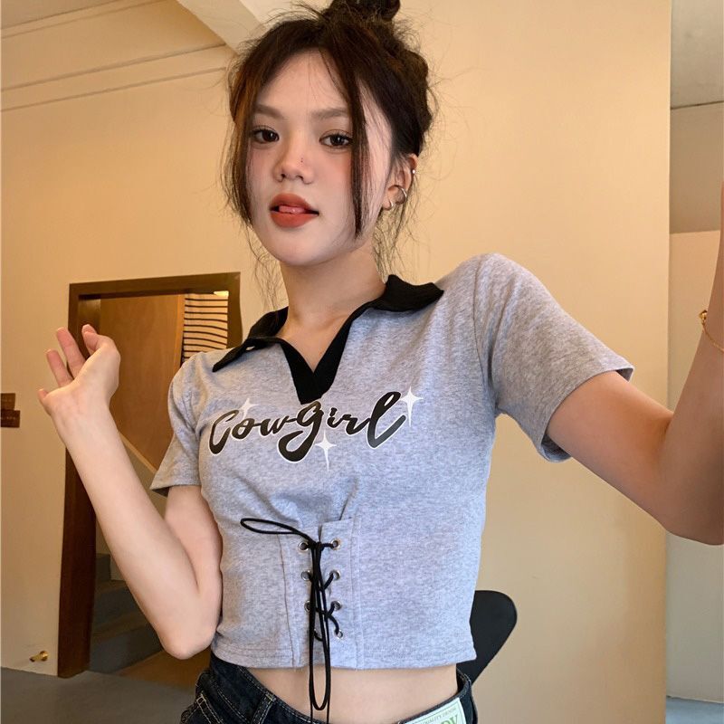 【实价】正肩短袖T恤女夏季新款设计感小众polo衫短款甜辣妹