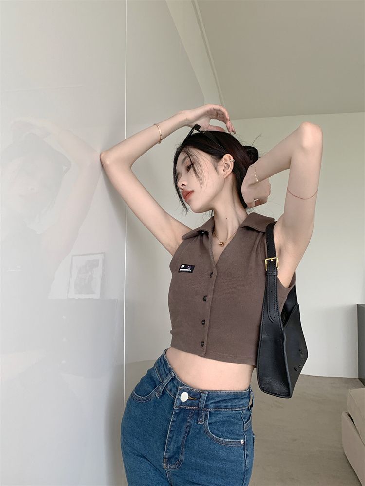 【原版面料】POLO领小背心吊带女夏季辣妹独特短款外穿无袖上