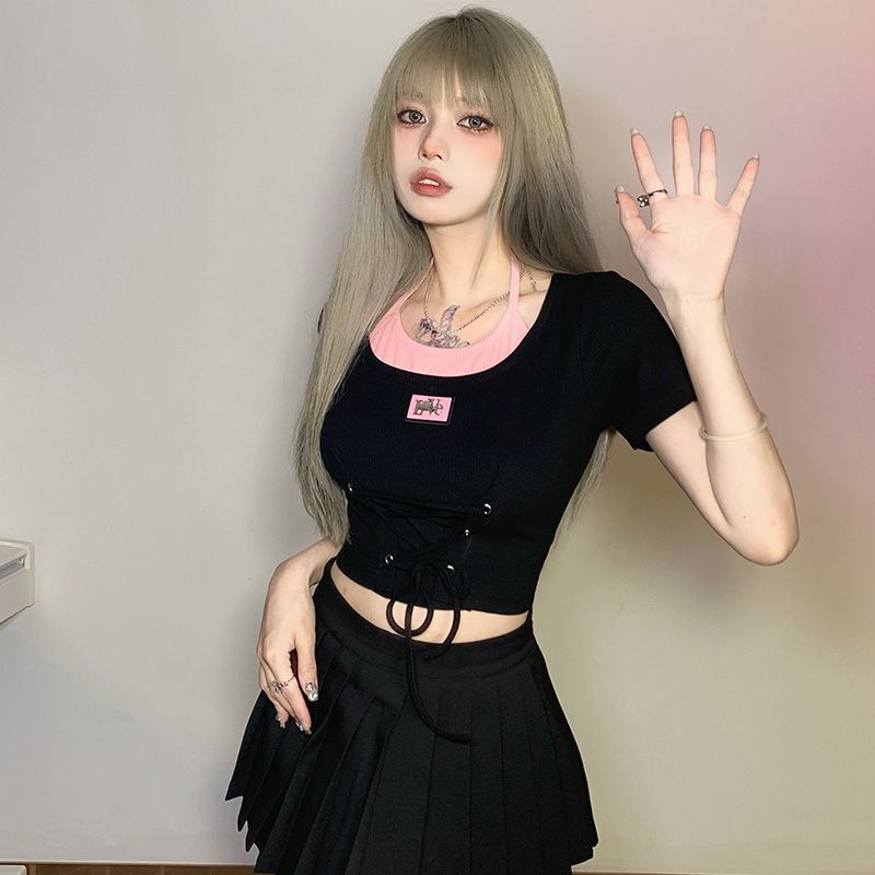官图 实价 夏日甜心辣妹风t恤女收腰系带设计感短款上衣性感显