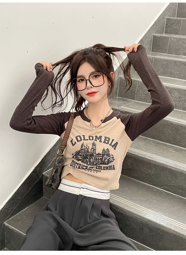 【现货】长袖t恤女早秋新款内搭打底衫设计感小众美式复古短款上