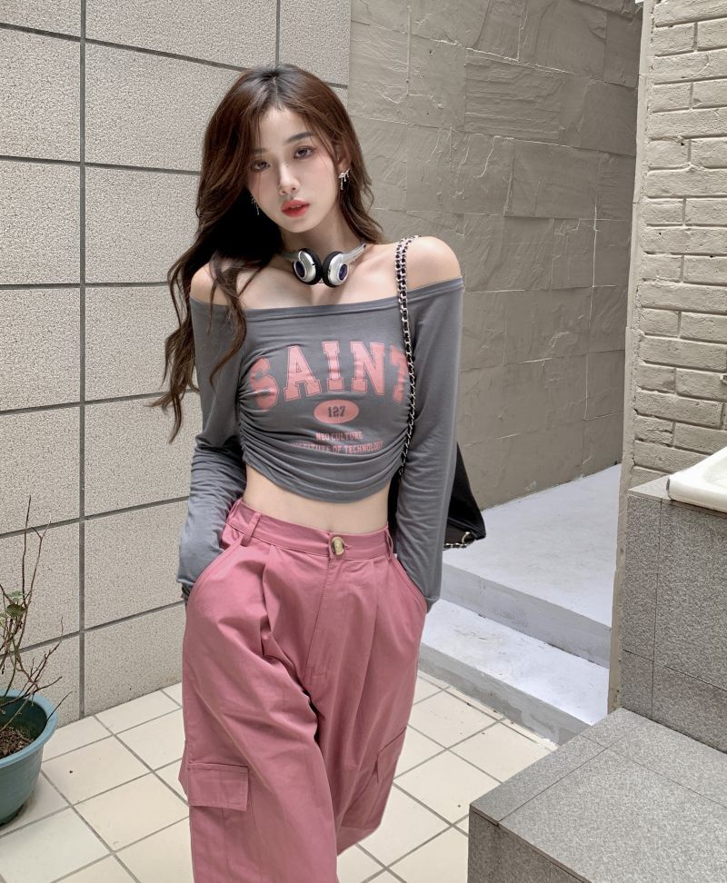 【现货】一字肩长袖T恤女美式复古百搭辣妹防晒罩衫修身短款上衣