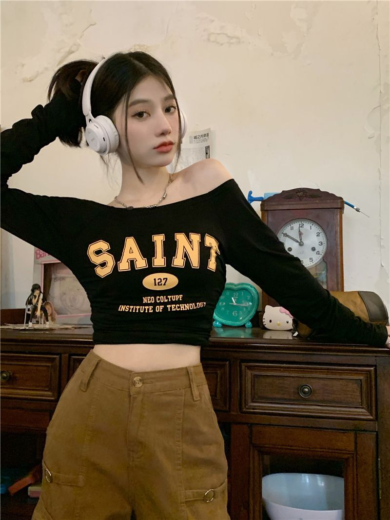 【现货】一字肩长袖T恤女美式复古百搭辣妹防晒罩衫修身短款上衣