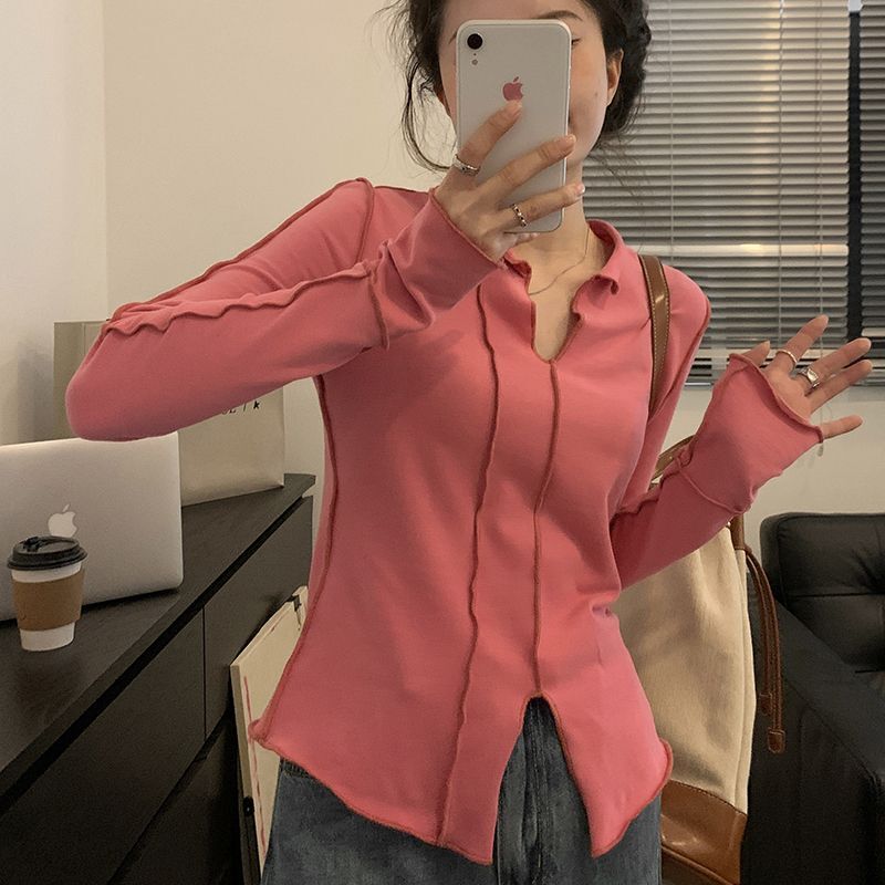 【原版质量】 设计感辣妹小开叉显瘦外缝小V领T恤显白短袖上衣 【原版质量】 设计感辣妹小开叉显瘦外缝小V领T恤显白短袖上衣