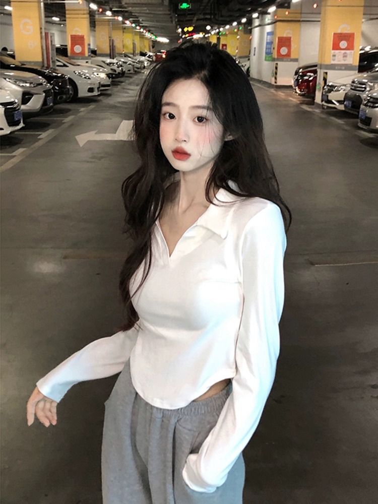 polo领纯欲风短款长袖T恤女夏季新款辣妹设计感修身白色打底 polo领纯欲风短款长袖T恤女夏季新款辣妹设计感修身白色打底