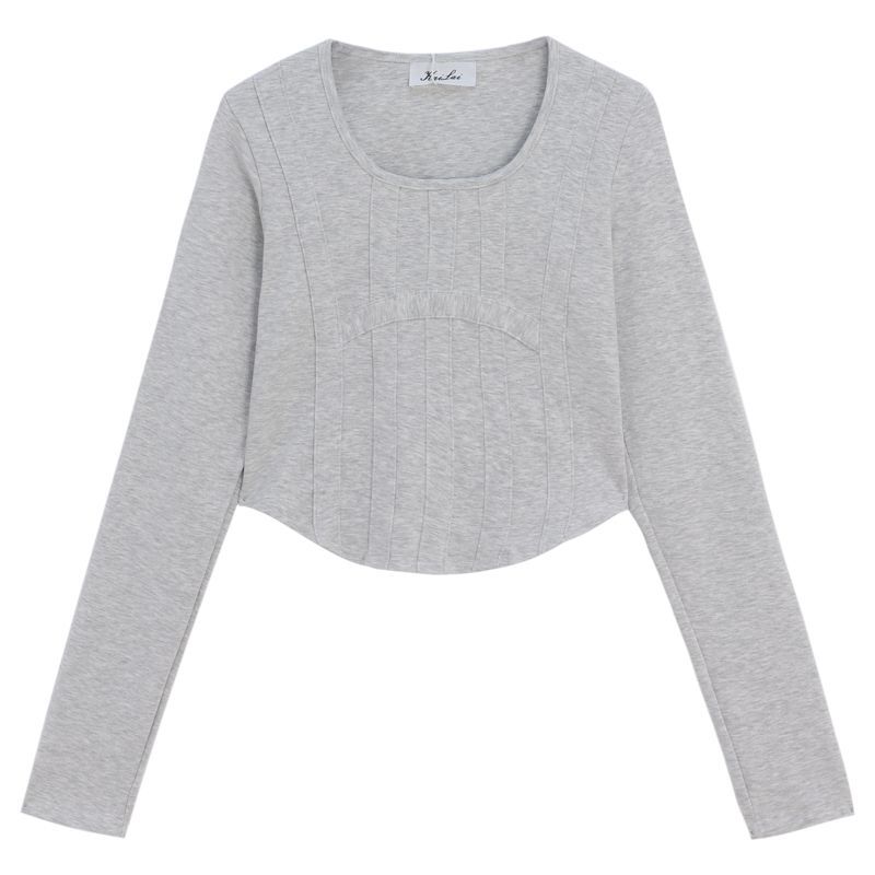 【现货】辣妹小众鱼骨纹长袖T恤女早秋性感修身显瘦短款打底上衣