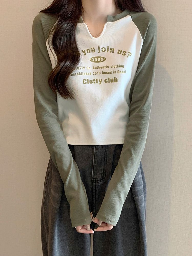 显瘦短款撞色打底衫女设计感小众别致小U领春秋冬紧身长袖t恤上 显瘦短款撞色打底衫女设计感小众别致小U领春秋冬紧身长袖t恤上